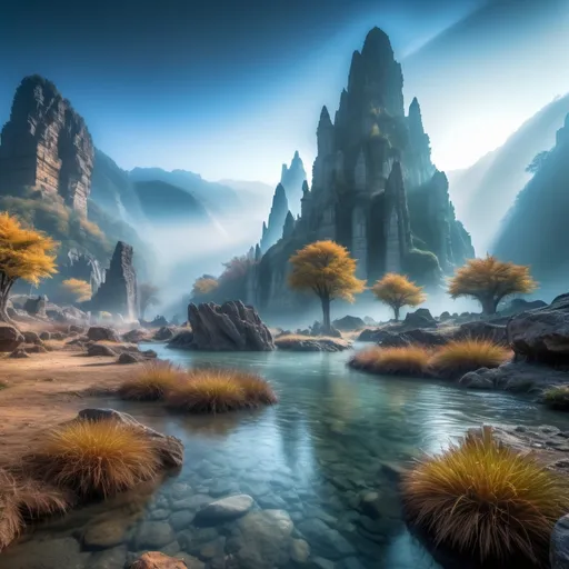 Prompt: Fantasy mountain valley with river, long-exposure water, 4K HDR, 3D bas relief, misty atmosphere, ancient ruins, mystical aura, detailed rock formations, vibrant nature, magical lighting, surreal landscape, high quality, fantasy, long-exposure water, 3D bas relief, mystical atmosphere, ancient ruins, vibrant nature, magical lighting, surreal landscape, detailed rocks, misty aura, HDR, 4K
