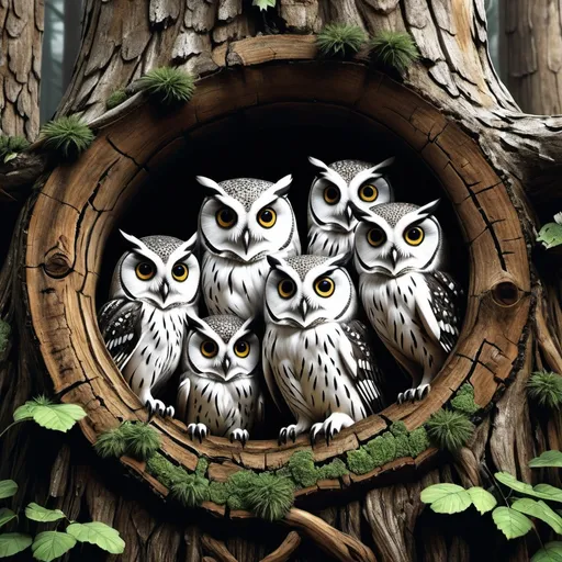Prompt: a group of owls sitting inside of a hollow in a tree stump with their eyes open and looking out, Dan Hillier, pop surrealism, highly detailed digital art, a digital rendering,3d Bas Relief, in color