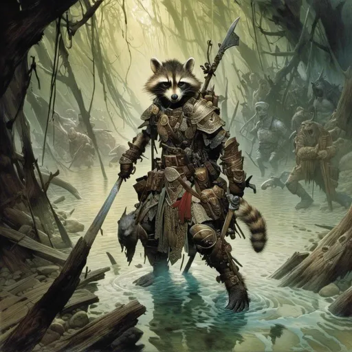 Prompt: <mymodel>A  full body portrait for the concept character design of 

a threatening fierceful anthropomorphic racoon
paladin crossing a gloomy flooded mangroove
, a stunning Frank Frazetta masterpiece by  Donato  Giancola  and  Terese Nielsen

, neat and clean composition made of neat and clear tangents full of negative space 

, ominous dramatic lighting with detailed shadows and highlights enhancing depth of perspective and 3D volumetric drawing

, a vibrant and colorful painting in HDR