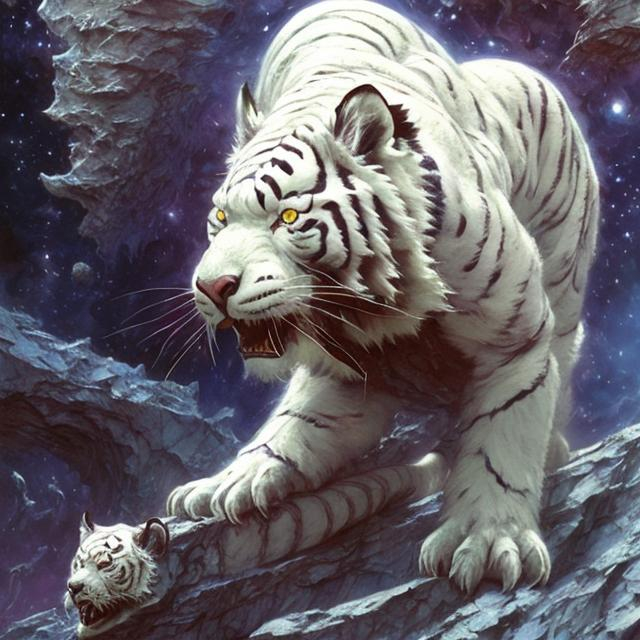 Prompt: <mymodel>A science fiction anthropomorphic white tiger in artstyle by Donato Giancola and Terese Nielsen