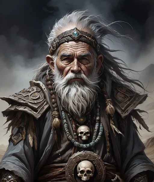 Prompt: (full-body) concept art of high fantasy wizened old male gnome deathspeaker shaman, oil painting, dark atmospheric lighting, high fantasy, highly detailed background, dark gritty tones, professional illustration, painted, art, painterly, thick gray and brown hair, thick gray and brown beard, crazed crazy possessed wild expression, shamanistic staff with skulls tied to it, shaman robes, soft shadows, soft highlights, very short subject, standing in highly detailed desolate wasteland background, windswept charred misty foggy rocky craggy dead wasteland background, skull and bone tribal fetishes, alchemical component pouches attached to belt, shamanistic tribal headdress, 