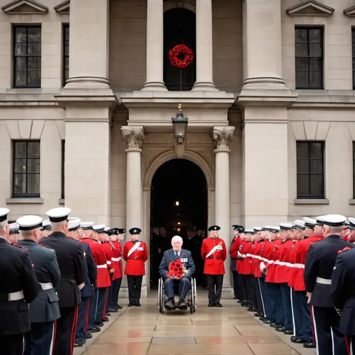 Prompt: Remembrance Day ceremony at Whitehall, London, Cenotaph surrounded by veterans, disabled veteran in wheelchair, solemn and respectful atmosphere, historical architecture, high quality, realistic, traditional, respectful, patriotic, dignified, somber, British flag, uniformed soldiers, poppy flowers, vintage architecture, iconic landmark, overcast lighting