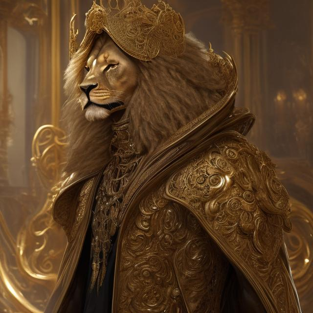 Prompt: Humanoid Lion in a long gold peacoat and wide-brimmed hat, luxurious fabric with intricate details, intense and piercing gaze, fantasy art, opulent gold tones, dramatic lighting, high-res, ultra-detailed, fantasy, luxurious, detailed fur, regal, opulent, extravagant, wide-brimmed hat, humanoid, fierce presence