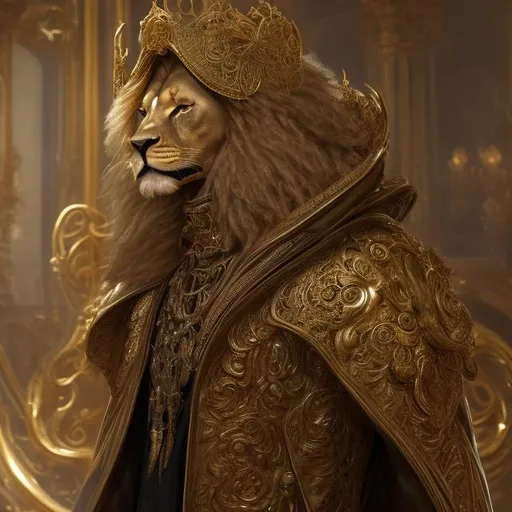 Prompt: Humanoid Lion in a long gold peacoat and wide-brimmed hat, luxurious fabric with intricate details, intense and piercing gaze, fantasy art, opulent gold tones, dramatic lighting, high-res, ultra-detailed, fantasy, luxurious, detailed fur, regal, opulent, extravagant, wide-brimmed hat, humanoid, fierce presence