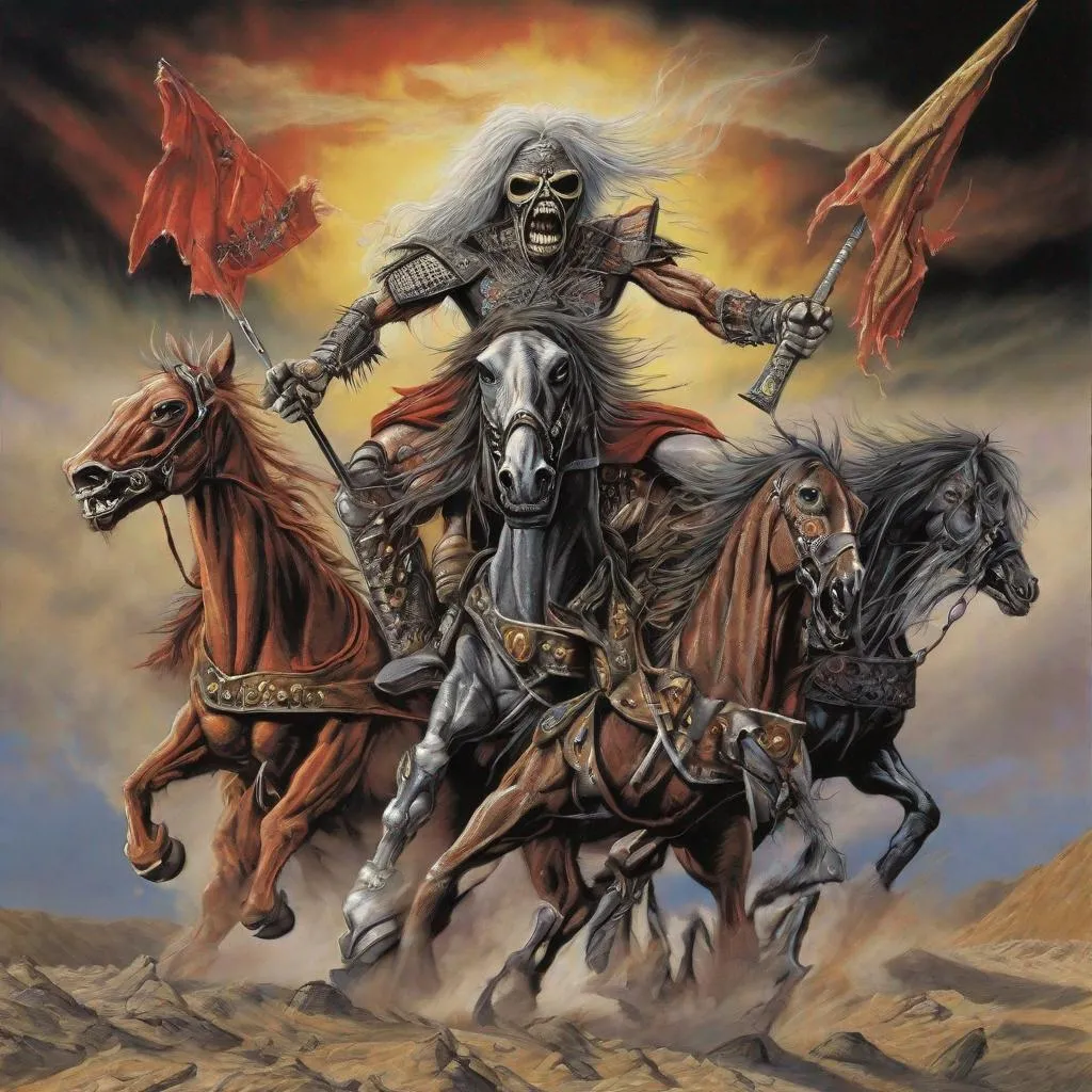 Prompt: Eddie from Iron Maiden as the four horsemen