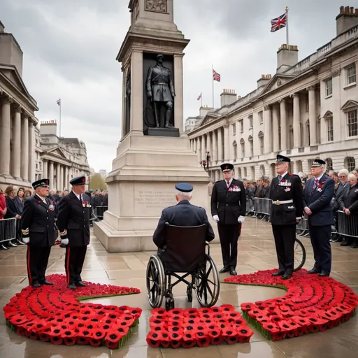 Prompt: Remembrance Day ceremony at Whitehall, London, Cenotaph surrounded by veterans, disabled veteran in wheelchair, solemn and respectful atmosphere, historical architecture, high quality, realistic, traditional, respectful, patriotic, dignified, somber, British flag, uniformed soldiers, poppy flowers, vintage architecture, iconic landmark, overcast lighting