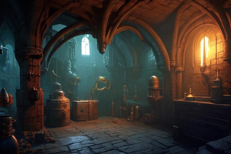 Prompt: D&D Medieval Evil Alchemist's Underground Research Lab in Dungeon,  Dark Sci-fi Fantasy,  lots of flasks filled with magic liquids, black and cyan color scheme, narrative environment concept art scene, mysterious atmosphere, dramatic lighting,  digital art, cryengine render 8 k uhd