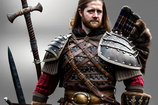 Prompt: Traditional Scottish warrior, detailed leather armor, kilt, sporen, axe and sword, well-kept leather, high quality, realistic, detailed, historical, rugged, traditional, earthy tones, dramatic lighting,electronic painting (full-body) character portrait of sci-fi high-fantasy