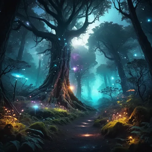 Prompt: highly detailed, high contrast, fantasy environment of a old magical forest with huge trees, dark atmosphere, magic fantasy, ghostly magical environment, magical landscape, fog, flying particles, colorful bioluminescence plants in forest, crystals and glowing path, fireflies, Pandora planet at night, epic landscape in background.