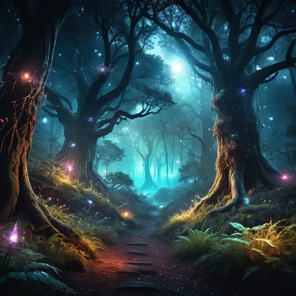 Prompt: highly detailed, high contrast, fantasy environment of a old magical forest with huge trees, dark atmosphere, magic fantasy, ghostly magical environment, magical landscape, fog, flying particles, colorful bioluminescence plants in forest, crystals and glowing path, fireflies, Pandora planet at night, epic landscape in background.