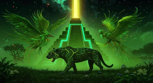 Prompt: dimension desconocida con tonos verdes y amarillos fluor y fondo oscuro. con una piramide de la antigua civilizacion de fondo, una serpiente emplumada enlazando la piramide y seres mitologicos como jaguar y algunas aves , con mezcla precolombina 