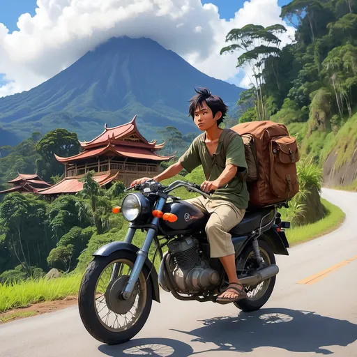 Prompt: 2d studio ghibli anime style, solo men on motorcycle, anime scene, special effects, ethnicities, Sabah borneo, ethnic, brave, vintage, smart effects, cool bike, mountains, bamboo, hills, working, temple, strong body, animal around, Mount Kinabalu