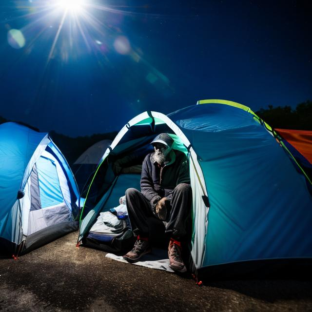 Prompt: homeless man get arested by police inside tent dogs in space. realistic