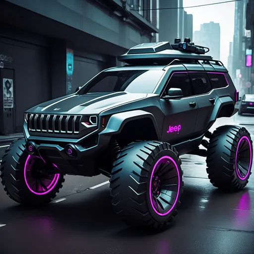 Prompt: A Futuristic 2100s Cyberpunk  Jeep