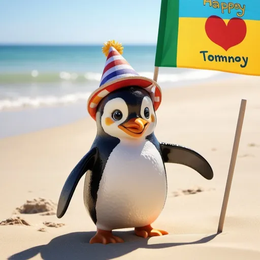 Prompt: (penguin with a smile), relaxing on the beach, (vibrant beach setting), colorful sun hat, waving flag saying (accurately spelled text "Happy Birthday Tommy"), gentle ocean waves, soft golden sand, (bright and cheerful atmosphere), warm sunshine casting playful shadows, (ultra-detailed), (4K), capturing a joyful celebration. Make sure the "Happy Birthday Tommy" is clear on the flag 
