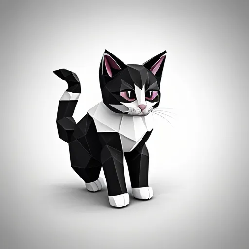 Prompt: low poly, line drawing of a black and white kitten with one paw raised in the air. 