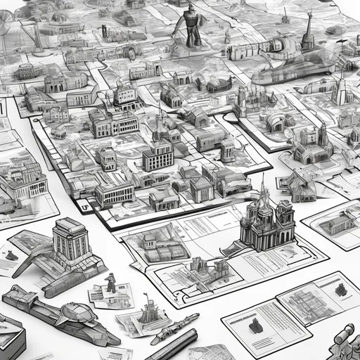 Prompt: Create the cover for a family board game titled Monopoly build your own armies, featuring images of important world war 2 capital buildings for a family board game, black and white, ink drawing