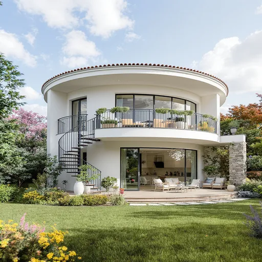 Prompt: generate a one story house design with living area , dining area and kitchen downstairs  with spiral stairs that go upstairs. Then upstairs has 4 bedrooms with a balcony that has a garden . The house is round shaped