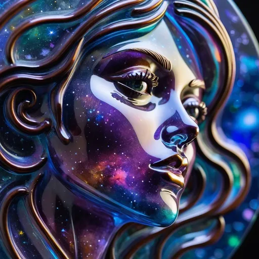 Prompt: A detailed and vibrant transparent glass sculpture of beautiful woman face with galaxy background , intricate details, surreal, colorful background