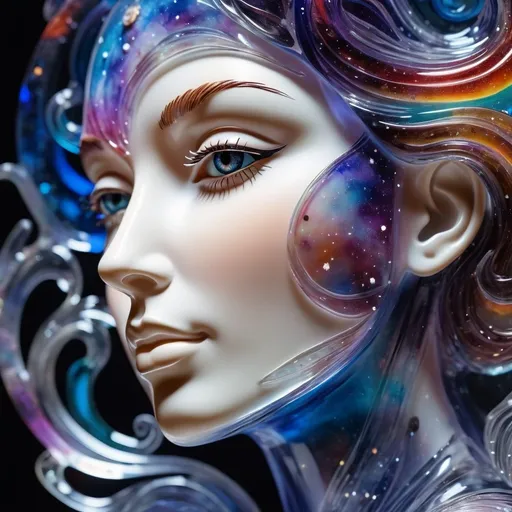 Prompt: A detailed and vibrant transparent glass sculpture of beautiful woman face with galaxy background , intricate details, surreal, colorful background