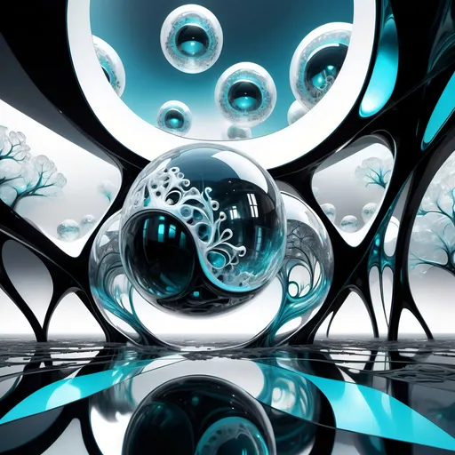 Prompt: VIEW FROMA  DRONE TRAVELLING THROUGH A FRACTAL BUILDING MADE OF Abstract glossy, fluid-like transparent structures and spheres transpareNT, WHITE, , BLACK,  SILVER CYAN, molten glass in mid-air, dynamic, dark backdrop, FRACTAL STRUCTURES, INTRICATE DETAIL