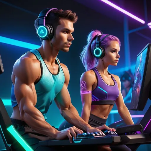 Prompt: "Create an image that merges the world of fitness and gaming. Show two athletic individuals—one male and one female—in a futuristic gaming setup with a high-performance PC, gaming monitors, RGB keyboard, and professional headphones. One person is lifting neon-lit dumbbells or using a futuristic workout machine while still wearing their gaming headset, and the other is sitting at the gaming desk, focused on the screen, but also dressed in sporty, fitness-inspired attire. Add holographic interfaces displaying health stats, strength levels, and experience points, blending gym motivation with gaming aesthetics. The lighting should be vibrant, with blue and purple neon tones, creating an immersive esports-meets-fitness vibe.