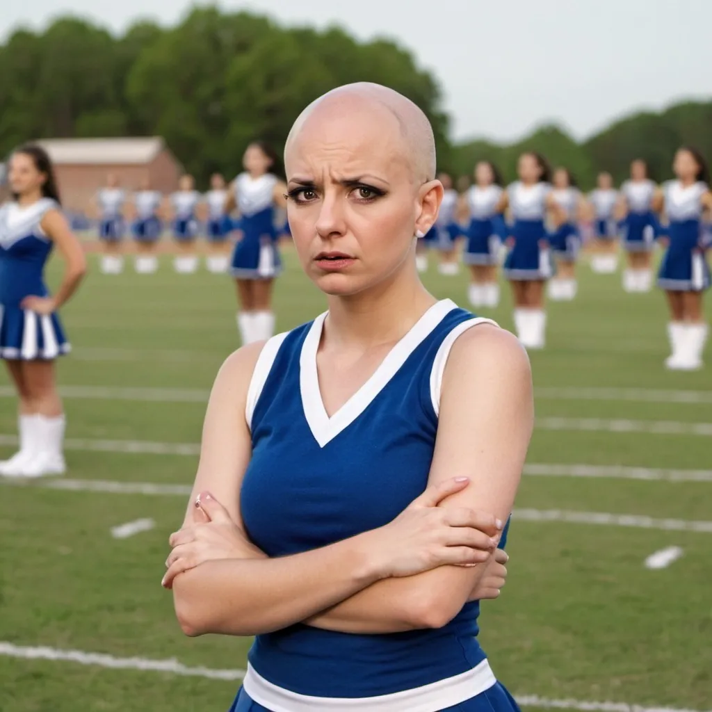 Prompt: bald cheerleader on a field, worried