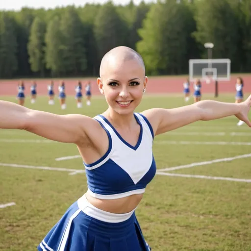 Prompt: bald cheerleader girl on a field