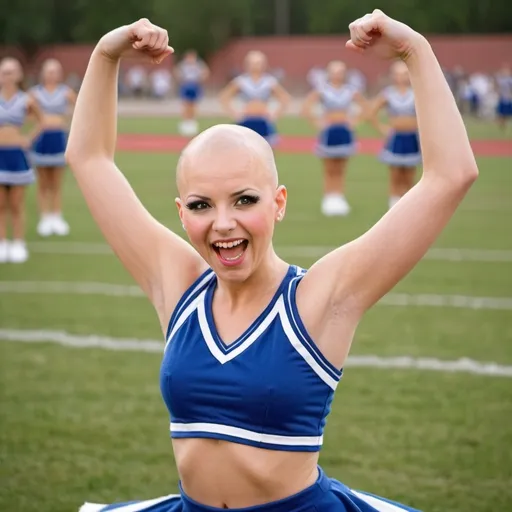 Prompt: bald cheerleader on a field, having fun