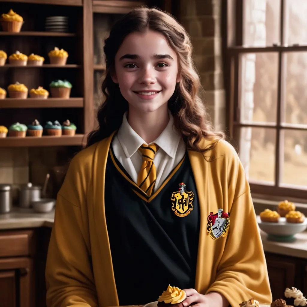 Prompt: Young lady, Hogwarts Hufflepuff student, in school robes, dark brown hair, brown eyes, freckles, smiling nervously, in a kitchen decorating magical cup cakes
