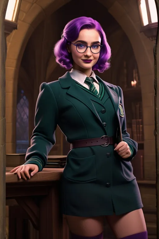 Prompt: Female Hogwarts Slytherin student, chin length vivid purple hair, bright blue eyes, small silver framed glasses, warm toned skin, full lips, wide jaw, broad nose, thick eyebrows, full cheeks, rounded features, hourglass figure, smirking, silver detailing on clothing 