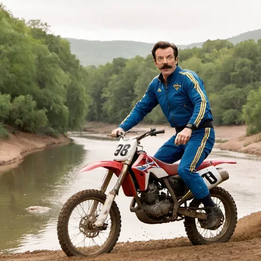 Prompt: Ted Lasso on a dirt bike near a river