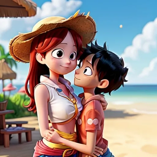 Prompt: luffy kisses nami in the chest 