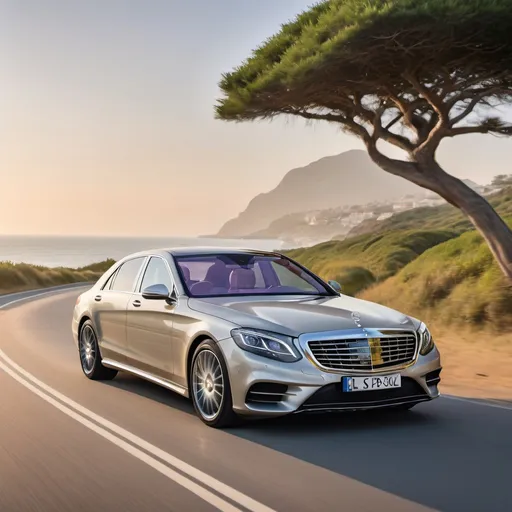 Prompt: A picturesque coastal road winds gracefully along the shoreline, illuminated by the soft hues of a setting sun. Centered in the frame is the striking Mercedes-Benz S500, gliding effortlessly along the scenic route. Behind the wheel sits a foreign male model with blond hair, impeccably dressed in a tailored suit that complements the car's luxurious aesthetic. With confident hands on the steering wheel, he exudes an air of refinement and control as he enjoys the exhilarating drive.
