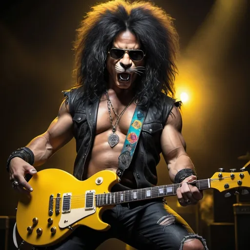 Prompt: A stunning high-resolution and ultra-high-quality photograph of Slash, the iconic guitarist of Guns N' Roses, depicted as a powerful black anthropomorphic rock lion. The lion wears Slash's signature style, a fusion of rock and roll, bohemian, and punk with a touch of mystery and rebellion. Its long, wavy, and untamed hair, black top hat, dark sunglasses, and his famous yellow electric guitar with black details stand out in the passionate stage scene. The image has a cinematic and vibrant atmosphere, with colorful lights and musicians as lion-human hybrids in the background blurred, creating a captivating poster-worthy effect., portrait photography, cinematic, photo, poster, vibrant