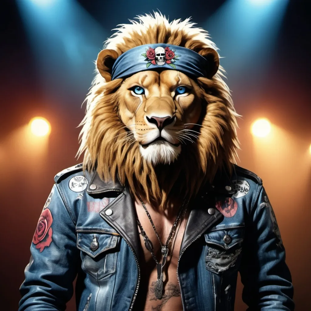 Prompt: A striking conceptual photograph of an anthropomorphic lion, showcasing its rockstar persona by wearing a leather jacket adorned with the iconic Guns N' Roses logo, a pair of denim pants, and a bandana wrapped around its head. The lion's captivating blue eyes and fierce expression perfectly complement its outfit. The background is a dimly lit, grungy rock concert setting, complete with a stage, speakers, and a hazy atmosphere that transports viewers back to the era of legendary concerts. This cinematic-like illustration masterfully blends elements of animals, music, and fantasy into a single, unforgettable image., conceptual art, cinematic, poster, photo, 3d render, illustration