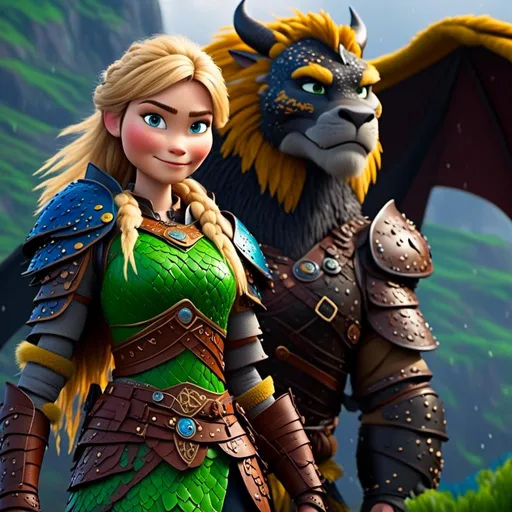 Prompt: <mymodel> CGi Animation, 20-year-old viking lion with blue eyes, a rainy scene, she is standing next to a bright green dragon with gold highlights, they are both in the rain, the viking lion has a subtle smile, blonde hair in a ponytail style, she has blue gear, gold armor, black pants, black boots