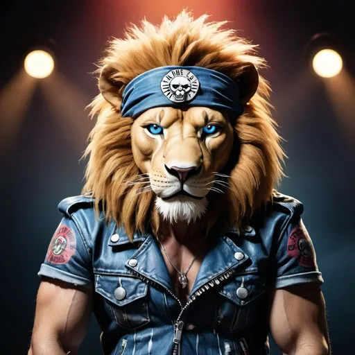 Prompt: A striking conceptual photograph of an anthropomorphic lion, showcasing its rockstar persona by wearing a leather jacket adorned with the iconic Guns N' Roses logo, a pair of denim pants, and a bandana wrapped around its head. The lion's captivating blue eyes and fierce expression perfectly complement its outfit. The background is a dimly lit, grungy rock concert setting, complete with a stage, speakers, and a hazy atmosphere that transports viewers back to the era of legendary concerts. This cinematic-like illustration masterfully blends elements of animals, music, and fantasy into a single, unforgettable image., conceptual art, cinematic, poster, photo, 3d render, illustration