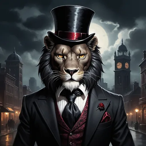 Prompt: A striking and elegant portrait of a vampire-punk anthropomorphic black lion with a gothic touch. The black lion, exuding nobility, wears a sophisticated suit with a high collar, a top hat, and dark sunglasses. His eyes have a supernatural, otherworldly glow. The background is a blend of a dark, stormy sky and a Victorian-style cityscape, creating an atmosphere of mystery and sophistication.