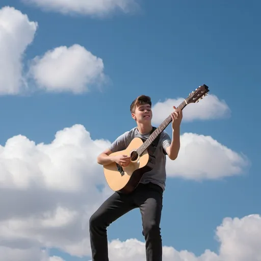 Prompt: Student playing guitar flying in the sky