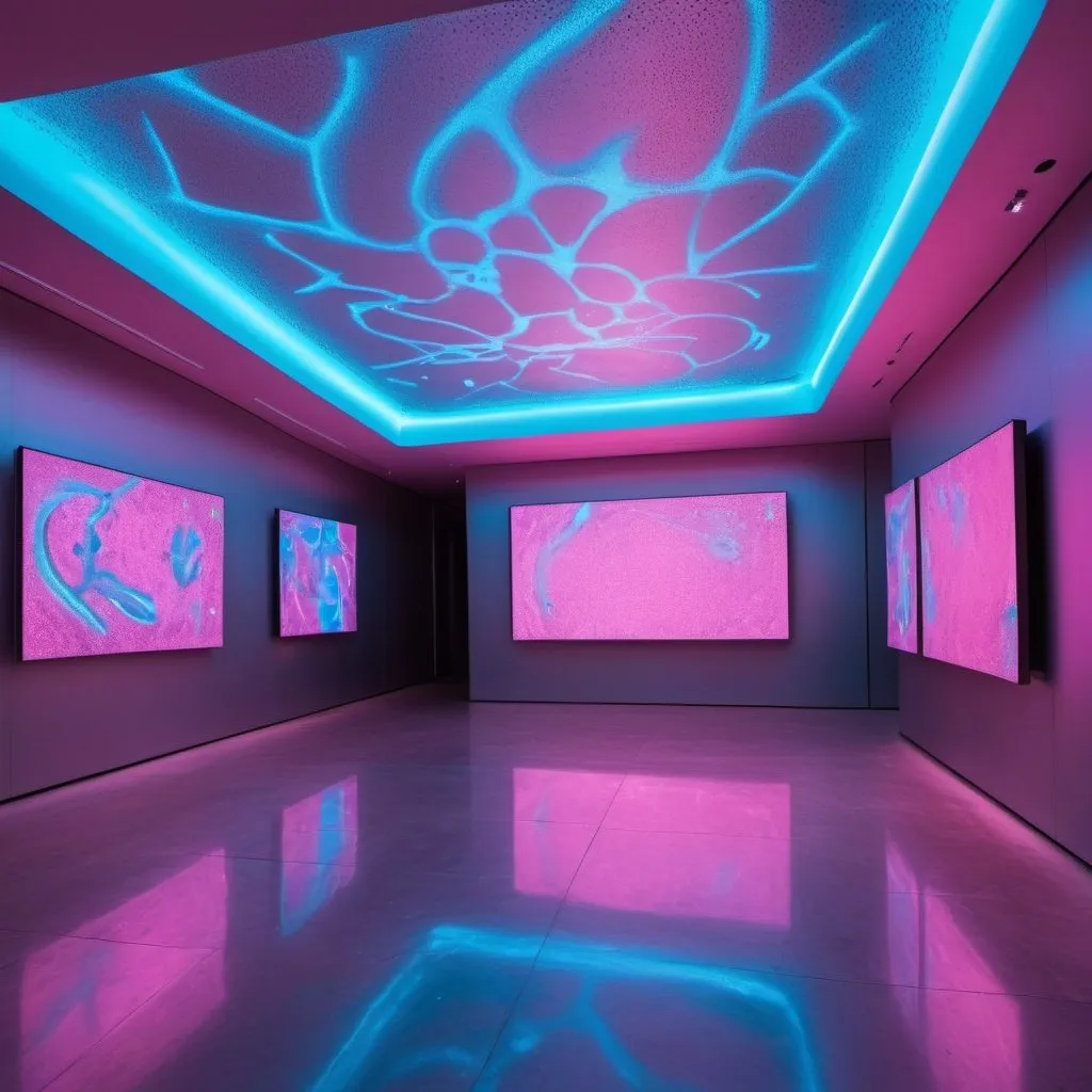 Prompt: Gallerie like space, very modern, neon blue and pink sceme, screens on the floor and ceiling, peole dressed in silver are expressively dancing