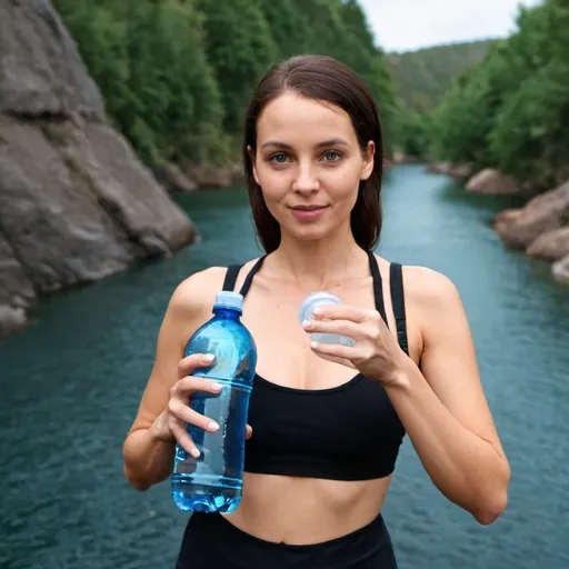 Prompt: a woman holding a 1 liter water bottle in her hand and showing it to the camera