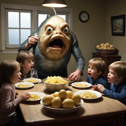 Prompt: fish people are the one whom eat the potatos children while jim watches in horror