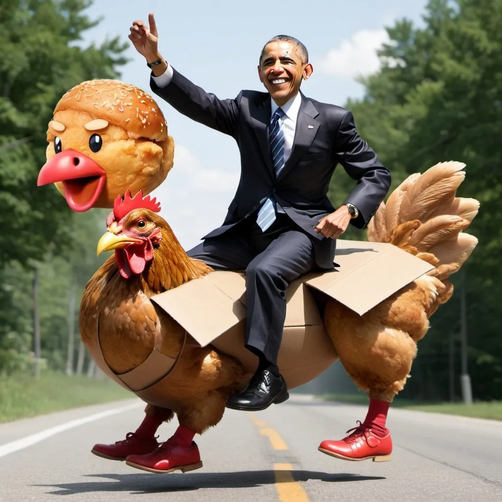 Prompt: cardboard obama riding on marios back while a sentient chicken nugget karate kicks hitler