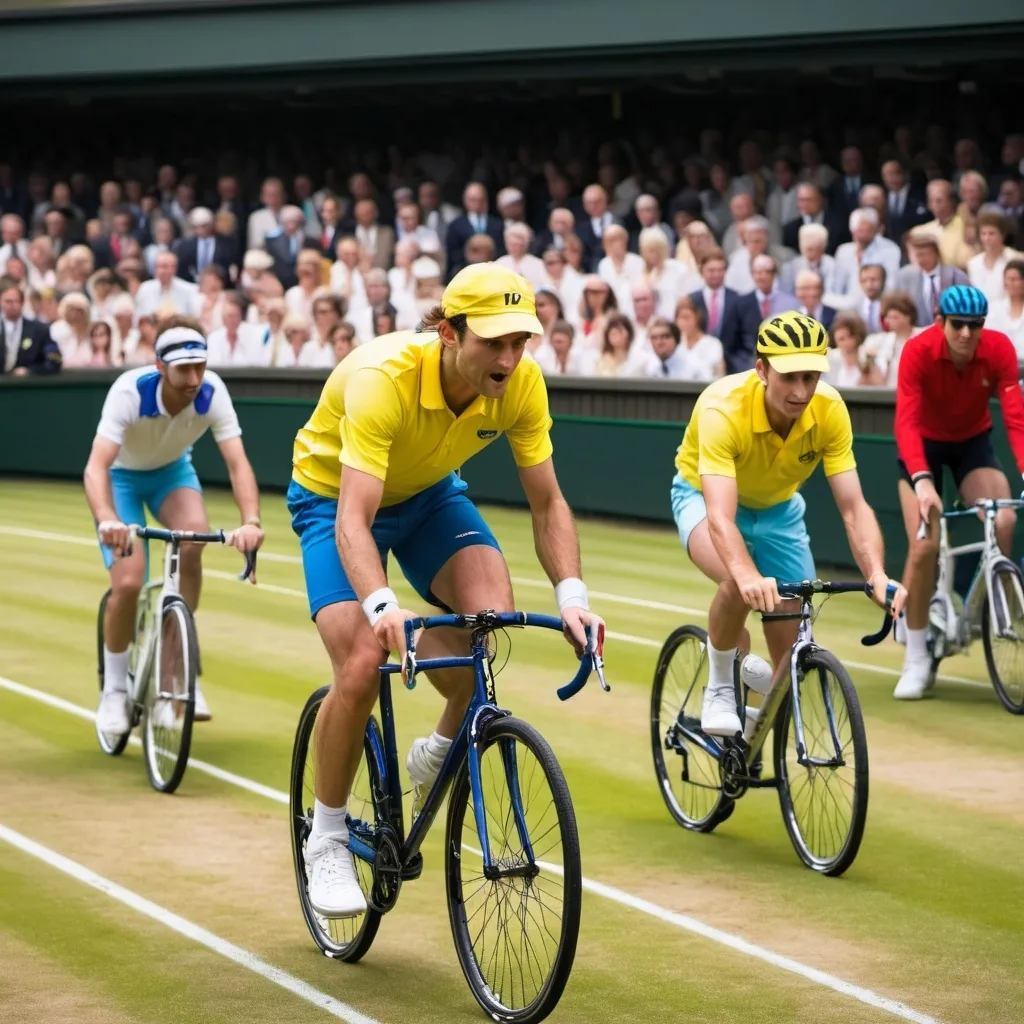 Prompt: tennis players at Wimbledon, cyclists climbing at the tour the frances, football players with yellow, blue and red uniforms