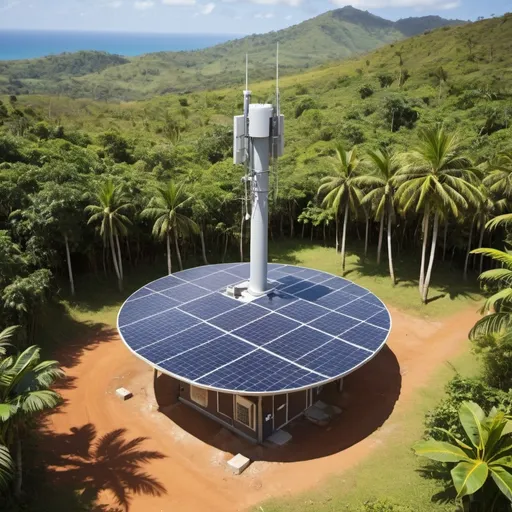 Prompt: Telecoms base station with solar panels in a tropical environment on a sunny day. The site should have palisade fence round its 15meters by 15 meters perimeter, the tower should be a 3 legged free-standing lattice.