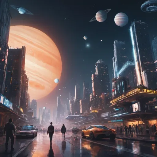 Prompt: Digital art. In front: A futuristic city full of skyscrapers with neon lights and holograms, many flying cars and ships. In the background: Space, focused on Jupiter with two moons (one large and one small) floating in front of it. People walking in a sideways.