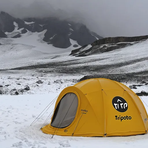 Prompt: a yellow dome tent in snow with the brand name triptoo