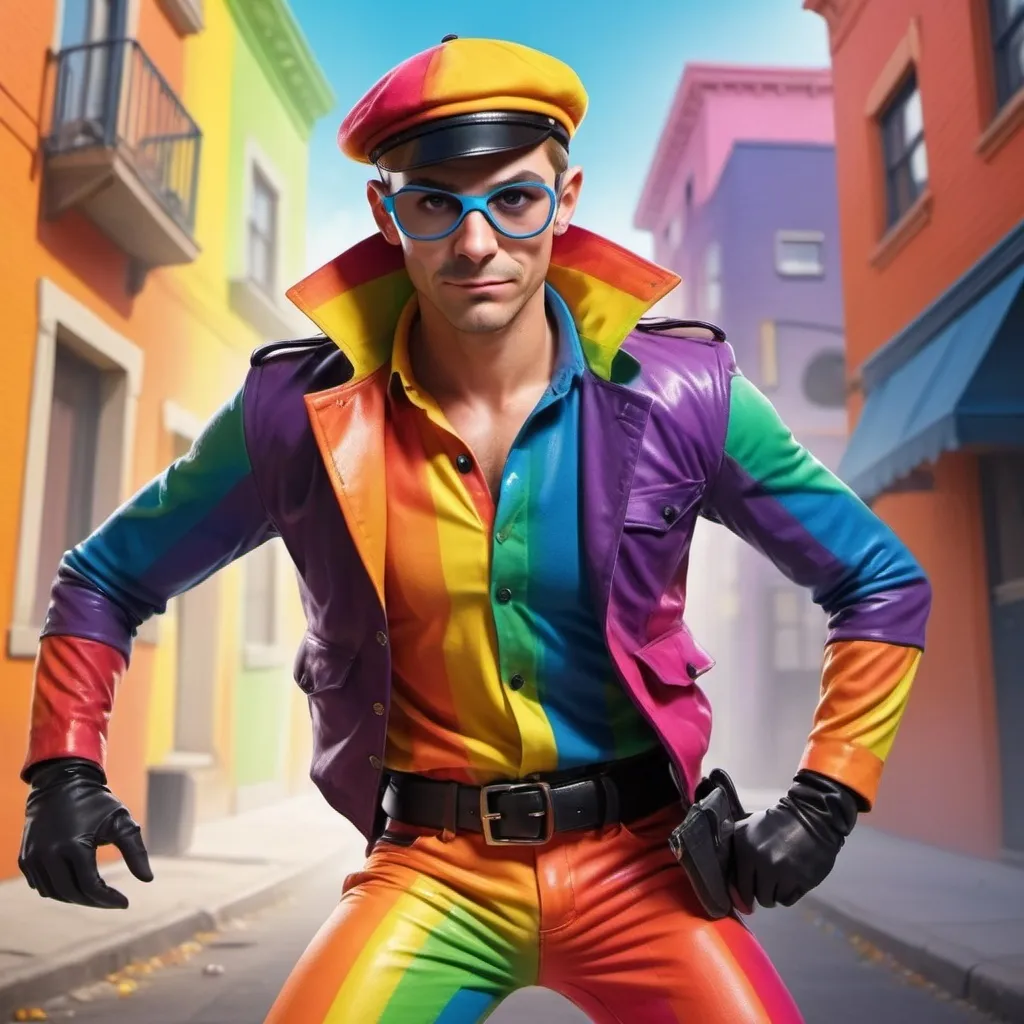 Prompt: Gay male, dressed in rainbow  burglar outfit, thief detective 