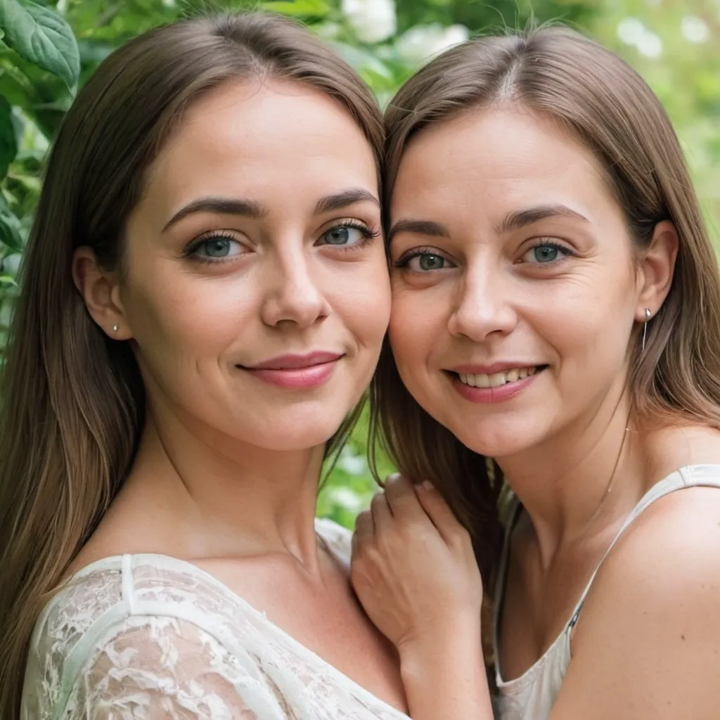 Prompt: A beautiful girl with her mom in a beautiful garden